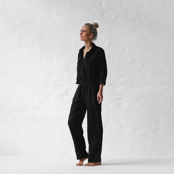 Seaside Tones Black Baltic 100% Linen Jumpsuit M - Picture 2 of 5
